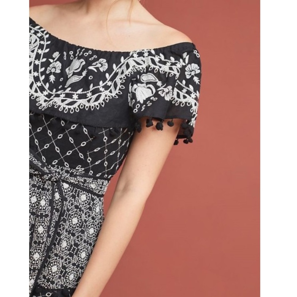 Anthropologie Black and White Marisol Off The Shoulder Embroidered Belted Dress - Picture 4 of 9
